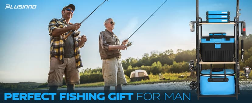 PLUSINNO 3 Tier Fishing Rod Holder, Fishing Pole Holders for Garage, Fishing Rod Rack Fishing Rod Storage Up to 8 Rods, Fishing Gear Tackle Box Fishing Equipment Organizers, Fishing Gifts for Men