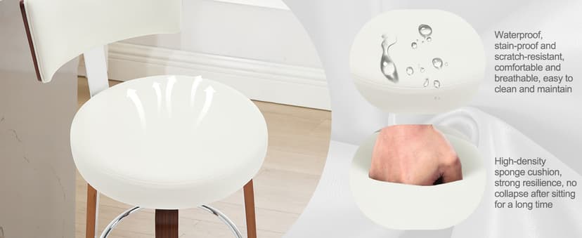 Bekrvio Swivel Counter Height Bar Stools Set of 3, Faux Leather Kitchen Stools Upholstered Barstools with Back, Walnut Wood Legs, Mid Century Island Chairs Counter Stools, 26" Seat Height, White