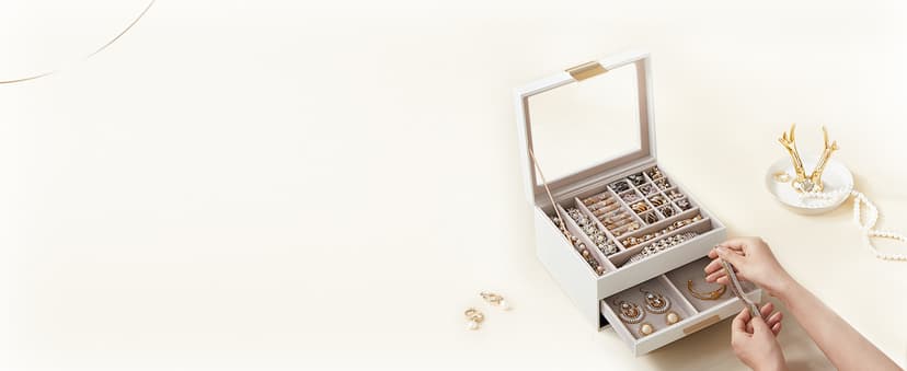 SONGMICS Jewelry Box Organizer with Glass Lid, 3-Layer Jewelry Storage, with 2 Drawers, Modern Style, Christmas Gift, 8 x 9.1 x 5.3 Inches, Cloud White and Gold Color UJBC239WT