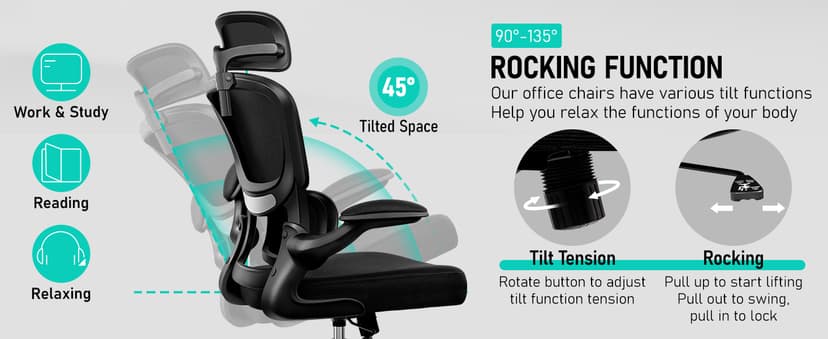 BESTFAIR High Back Ergonomic Office Chair, Breathable Mesh Desk Chair with Lumbar Support, Adjustable Headrest, Flip-up Armrests, Computer Gaming Chair, (Black)