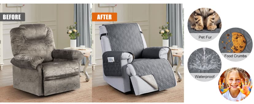 VANSOFY 100% Waterproof Recliner Chair Covers, Recliner Cover Non-Slip Dog Chair Cover Furniture Protector Washable Slipcover with Pocket, Elastic Straps for Pets, Dogs(Dark Gray, 23.6")