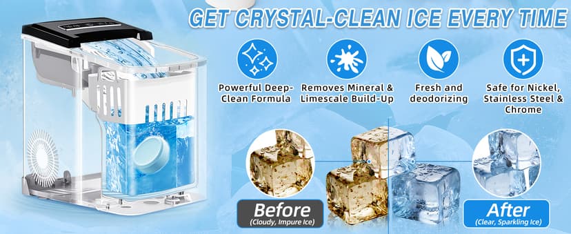 Ice Machine Cleaner Tablets Descaler (36 Pack) – Portable Ice Maker Cleaner, Nickel Safe Scale Remover Compatible with Countertop and Nugget Ice Maker, Remove limescale, Odor-Free, Crystal Clear Ice