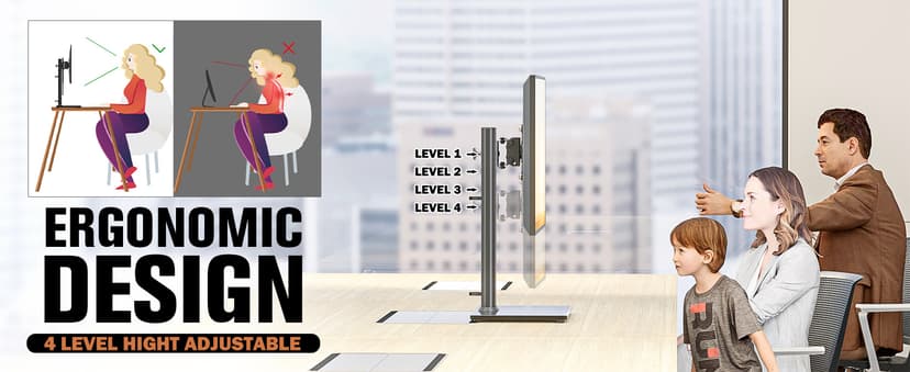 Single LCD Computer Monitor Free-Standing Desk Stand Mount Riser for 13 inch to 32 inch screen with Swivel, Height Adjustable, Rotation, Vesa Base Stand Holds One (1) Screen up to 77Lbs(HT05B-001))