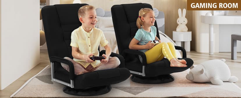 Swivel Gaming Chair Multipurpose Floor Gaming Chair for Playing Video Games, TV, Reading w/Armrest Lumbar Support & 6 Adjustable Postion Backrest for Adults, Black
