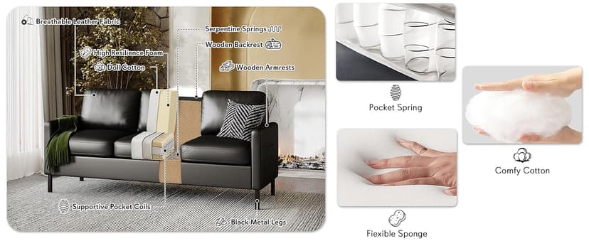 STHOUYN 72" W Faux Leather Black Sofa 3 Seat Couch, Modern Comfy Couch with 2 USB, Small Couches for Living Room Apartment Bedroom Small Spaces, Office(Black (Sofa))