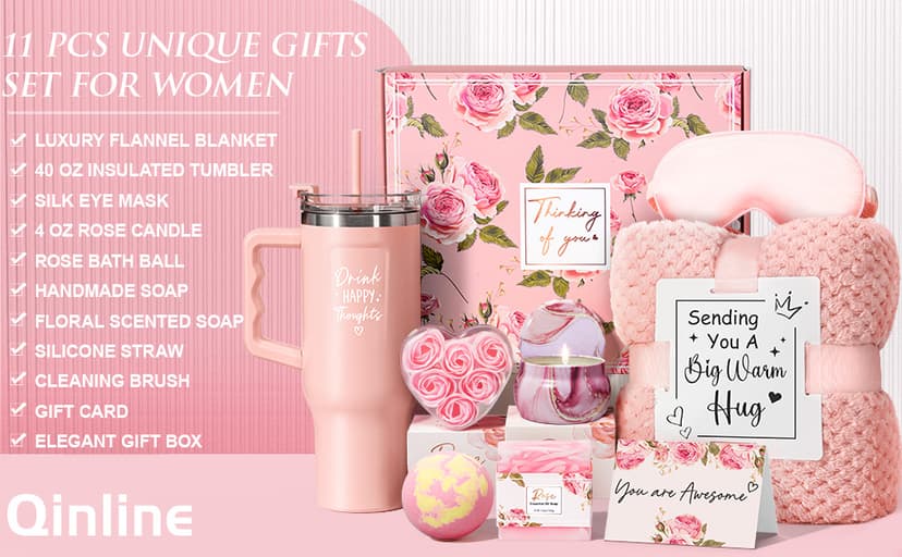 Birthday Gifts for Women Self Care Gifts Get Well Soon Gifts, Rose Relaxing Spa Gifts Basket Care Package w/ Luxury Flannel Blanket 40 oz Tumbler, Mothers Day Gifts for Mom Her Wife Girlfriend Sister