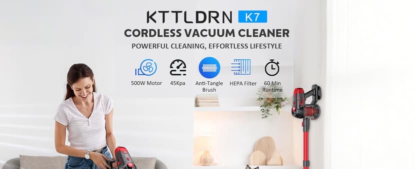 Cordless Vacuum Cleaner, 500W 45Kpa 60Mins Stick Vacuum Cleaner for Home, Self-Standing Vacuum with 1.5L Dust Cup and HEPA Filter, Anti-Tangle Brush for Hardwood Floors, Carpets, and Pet Hair