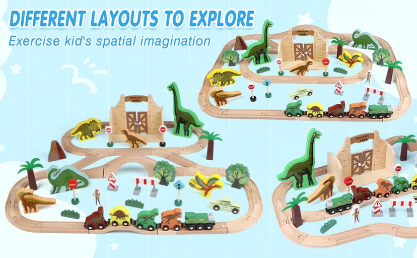 Wooden Train Set, Dinosaur Toys for Kids 3-5, Compatible with Major Brands, STEM Railway Playset, Ideal Wooden Train Track Set for 3 4 5 6 7 8 Year Old Kids Boy Girl