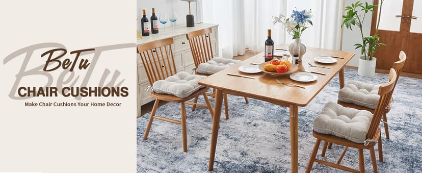 BETU Chair Cushions for Dining Chairs Set of 4,3.5" Thick Kitchen Table Chair Pads with Ties,Non Slip Backing and Covers, Seat Cushion for Dining Room,Bar,Patio Chairs,15.5"X15.5"X3.5",Beige