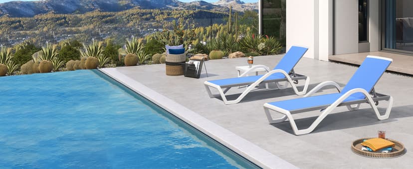 PURPLE LEAF Patio Chaise Lounge Chair Set of 3 Outside Aluminum Plastic Stackable Tanning Chairs with Armrests and Side Table for Pool Sunbathing Beach Deck Outdoor Lounger, Navy Blue