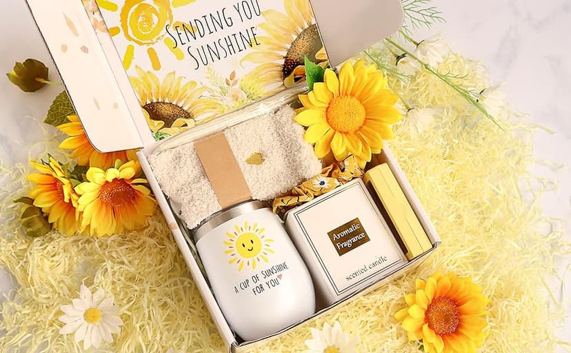 Birthday Gifts for Women, Sending Sunshine Christmas Gifts, Get Well Soon Gifts Basket Care Package Unique Spa Gifts Box with Wine Glasses for Thinking of You Her Sister Best Friend