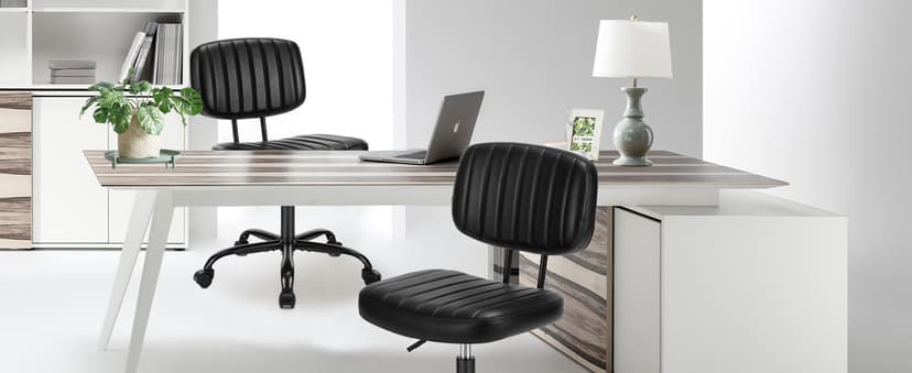 Sweetcrispy Small Office Desk Chair - Armless PU Leather with Comfy Lumbar Support, Height Adjustable Rolling Swivel Task for No Arms, for Adult, Student, Bedroom, Home, Vanity, Black