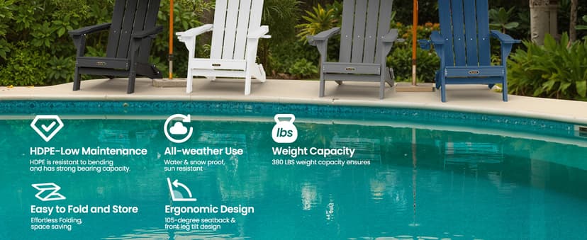 Folding Adirondack Chair, HDPE All-Weather Fire Pit Chairs, Plastic Adirondack Chairs with 2 Cup Holder, Outdoor Lawn Chair for Patio Garden (Black)