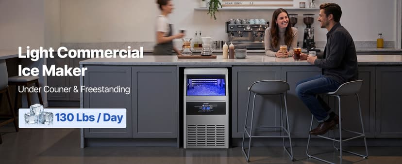 VEVOR Commercial Ice Maker Machine, 130 lbs/24h with 30 lbs Storage Capacity, Built-in/Freestanding/Under Counter, Stainless Steel Ice Maker with LED Display & Self-Cleaning, for Home Bar Restaurant