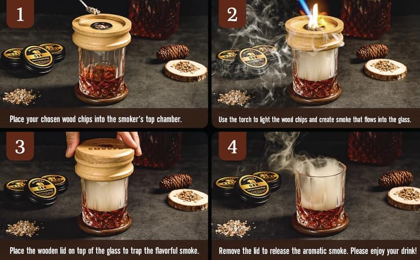 Whiskey Smoker Kit with Torch - 6 Natural Wood Chips Flavors, 2 Glasses, 2 Ice Molds - Cocktail Smoker Infuser Kit, Old Fashioned Smoker Kit, Birthday Bourbon Whiskey Gifts for Men, Dad(No Butane)