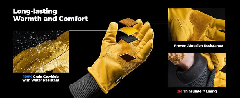 toolant Leather Winter Work Gloves for Men, 100% Grain Cowhide with Warm Thinsulate Lining, Water & Abrasion Resistance