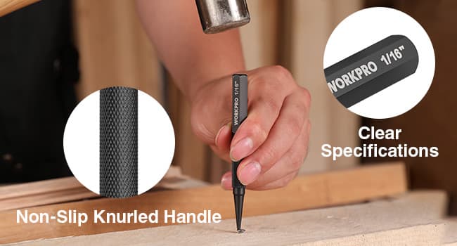 WORKPRO 4-Piece Nail Punch and Center Punch Set, Hardened Cr-V Steel with Knurled Grip,1/32", 1/16", 3/32" Nail Setter & 1/32" Center Punch Tool