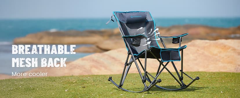FUNDANGO Oversized Rocking Camping Chair for Adults, Portable Folding Lawn Chairs for Outside with Pillows, Wide Armrest, 2 Cup Holders, Carry Bag for Patio Garden Outdoor Supports 400Lbs (Black/Blue)