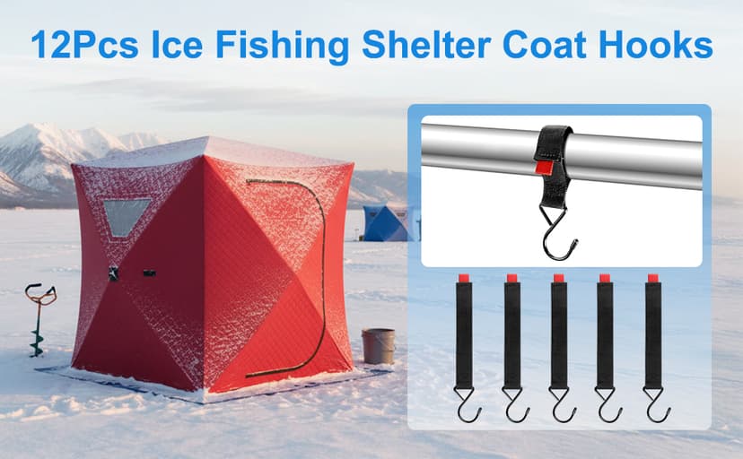 Fabflame 12 Pack Ice Fishing Shelter Tent Hooks, Heavy Duty Ice Fishing Shelters Coat Hooks Accessory Hanger for Ice Fishing Tent, Outdoor Camping, Hunting Blinds, Must-Have Ice Fishing Accessories