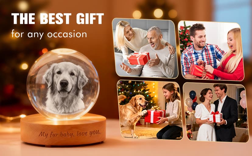 Personalized 3D Photo Crystal Ball, Memorial Gifts, Custom Engraved Picture Lamp with Wood Base, Color Changing Crystal Globe for Pets, Couples, Babies, Parents, Birthdays, Anniversaries(Circle)