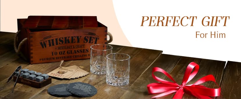Mixology & Craft Whiskey Gift Set, Whiskey Glass Set with Rustic Wooden Crate, 8 Granite Whiskey Rocks Chilling Stones, 10oz Crystal Glasses | Great Holiday, Secret Santa or White Elephant Gift B08F7NRWQX