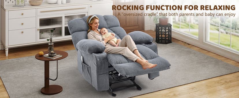 Massage Rocking Recliner Chair, Ergonomic Recliners Sofa with Vibration Massage & Heat, Rocking Chair Nursery Chair for Living Room Lounge with 4 Pockets, 2 Cup Holders, USB Charge Port, Grey