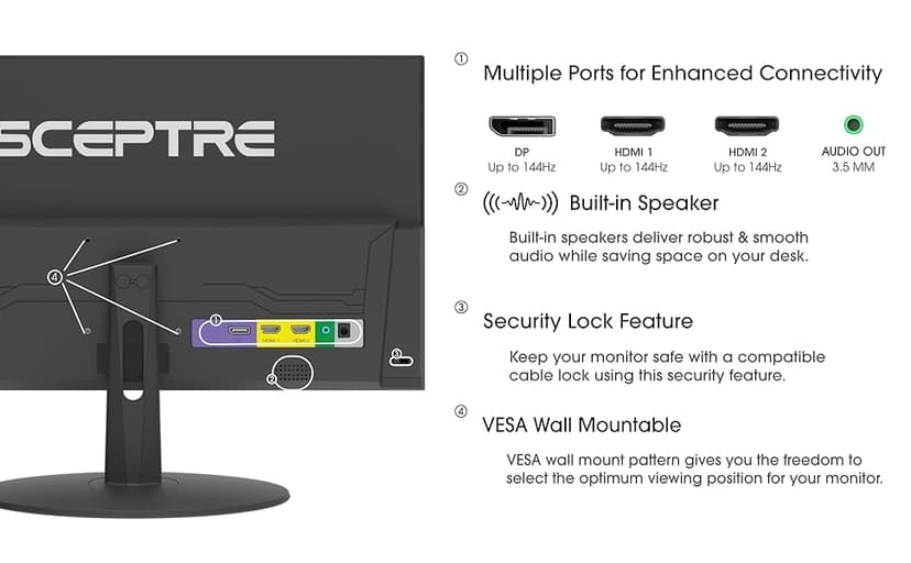 Sceptre New 22-Inch Gaming Monitor, FHD 1080p, Up to 144Hz, HDMI, DisplayPort, Built-in Speakers, Machine Black (E225W-FW144 Series, 2026)