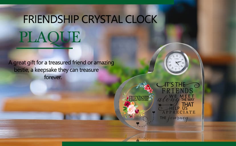 Movdyka Friendship Gifts for Women Friends Crystal Heart 5.9Inch Large Flower Glass with Clock Unique Best Gifts for Women Her Friend Plaque Birthday Gift Idea for Friend Female Presents