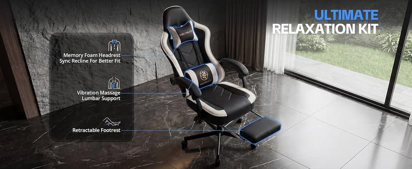 Desk Computer Gaming Chair - High Back Ergonomic Office Chair with Footrest and Lumbar Support, Swivel Comfy Home Gamer Video Game Chairs with Pocket Spring Cushion for Adults (White Leather)