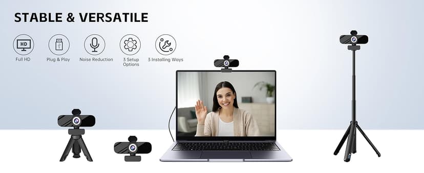 Gohero Full HD 1080P Video Webcam, Noise Cancellation, Privacy Cover, Wide-Angle Lens, Auto Light Correction, Plug & Play USB Webcam for Laptop, Desktop, PC, Mac, Zoom, Skype Pro Series