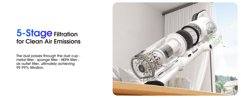 Klarpul Cordless Vacuum Cleaner, 2 Batteries 140 Mins Runtime 600W 50Kpa Stick Vacuum Cordless, Self-Standing Vacuum Cleaners for Home with 2.5H Fast Charging, for Floor/Carpet/Pet Hair, White