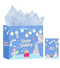 Black Birthday Gift Bag with Tissue Paper and Greeting Card, 13'x10.2'x4.9', Medium (1-Piece Set, Black Starry Sky, Unisex, Includes Card, Ribbon, Crinkle Paper)