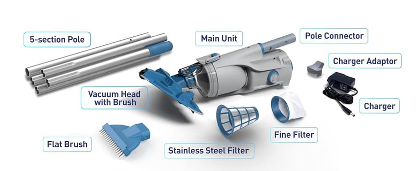 KOKIDO 2025 Cordless Pool Vacuum with 72” Pole, Standard & Fine Interchangeable Filters, Ideal for spot Cleaning, 2 Vac Heads, Spot Clean, for Small Above & Inground Pools, Spas Hot Tubs XV320