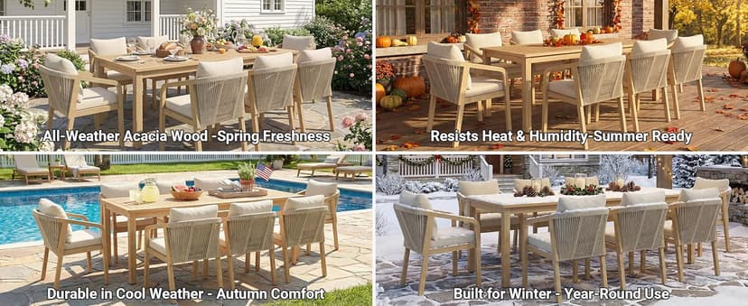 Wisteria Lane 9 Pieces Acacia Outdoor Patio Table and Chairs Set for 8, Patio Outdoor Dining Table Set with Cushion, Modern Outdoor Patio Table Set for Lawn Backyard Garden Deck, Beige