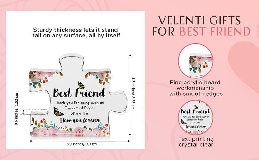 VELENTI Gift for Best Friend for Women - Engraved Acrylic Puzzle Piece - Bestie Present with Cute Quote - Friendship Gifts for Birthday, Christmas, Thanksgiving - Adorable Decoration Piece for Home