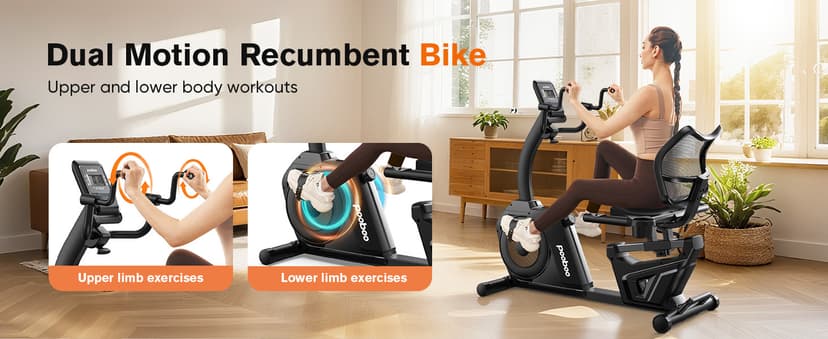 pooboo Recumbent Exercise Bike, Stationary Bikes for Home with Arm Exerciser, Magnetic Recumbent Bike with Ergonomic Backrest & Comfortable Seat, Smart APP, Pulse Sensor, 400LBS Weight Capacity