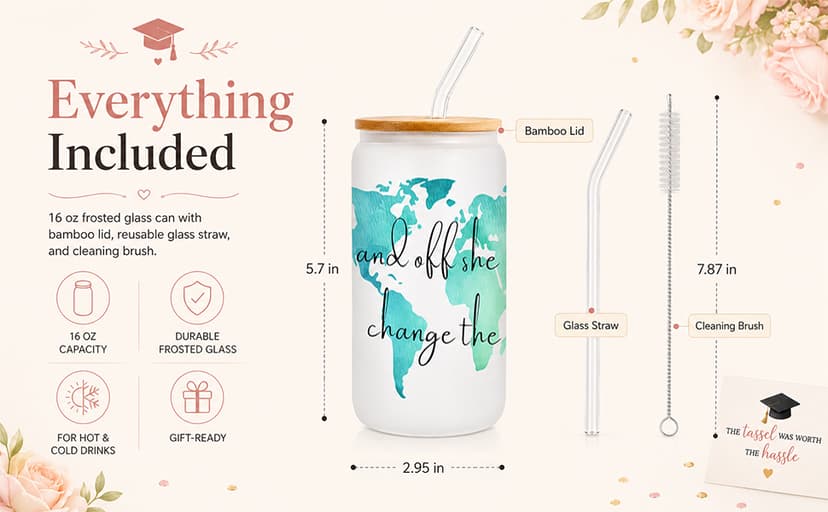 Frerdui Graduation Gift for Her – And Off She Went to Change the World 16oz Glass Cup, Cute Grad Gift for College High School Graduate, Grad Gift for Daughter Niece Granddaughter Friend B0GTY7QRB9