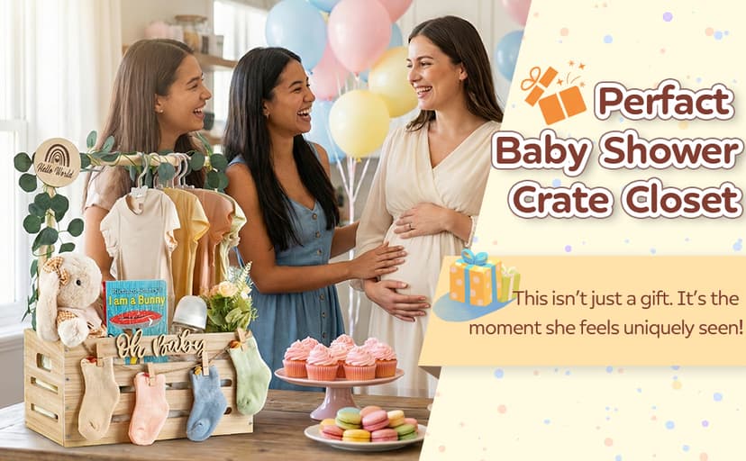 Wooden Baby Shower Crate Closet - Personalized Baby Gift Baskets with Hangers, Large Newborn Boys Girls Clothes Storage Box for Newborn New Parent B0GFMLPWDH