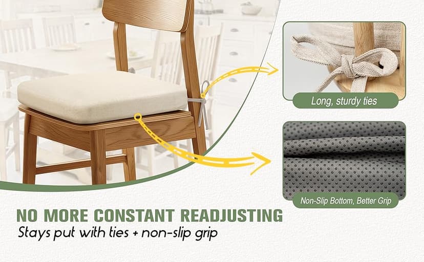 kingphenix Dining Chair Cushions Set of 4, 2.5 inch Thick Kitchen Chair Pads with Ties, Non Slip Bottom, Removable Washable Cover, 17” x 16”, Beige