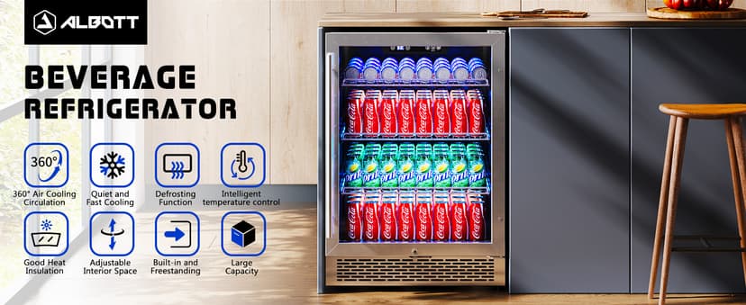 Albott Beverage Refrigerator-24 In fridge with Glass Door, Adjustable Shelves and LED Touch Panel, Under Counter Design for Wine Beer, Built-In or Freestanding Use, 34-64℉
