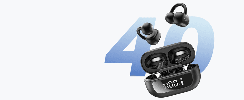TOZO OpenEarRing True Open Ear Headphones, Lightweight Comfort Open Ear Clip Wireless Earbuds, 40H Play Bluetooth 5.4 Headphones with Smart Digital Display Design Fit Sports Running, Workout Black