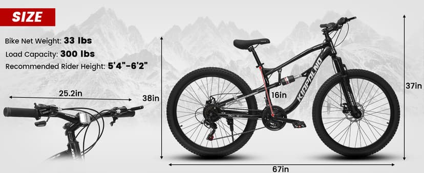 24/26/27.5 Inch Wheel Mountain Bike, 21 Speed MTB Bike with Full Suspension, Steel Frame and Dual Disc Brakes, Adult Mens Outdoor Cycling Mountain Bicycle