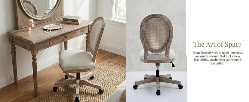 LukeAlon Vintage Linen 360° Swivel Chair, Beige Adjustable Height Task Chair, Armless Wood Frame, Round Back & Wheels for Home Office Study