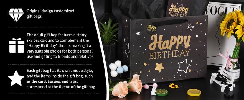 Black Birthday Gift Bag with Tissue Paper and Greeting Card, 13'x10.2'x4.9', Medium (1-Piece Set, Black Starry Sky, Unisex, Includes Card, Ribbon, Crinkle Paper)