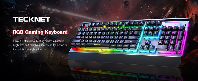 TECKNET Gaming Keyboard, USB Wired Computer Keyboard, 15-Zone RGB Illumination, IP32 Water Resistance, 25 Anti-ghosting Keys, All-Metal Panel (Whisper Quiet Gaming Switch)