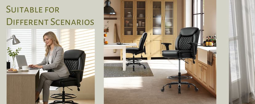 Drafting Chair,Executive Tall Office Chair Flip-up Armrests for Counter Height Desk Drawing Use,High Task Chair with Adjustable Foot Ring & Inflatable Lumbar Support, Swivel Computer Stool,PU Black