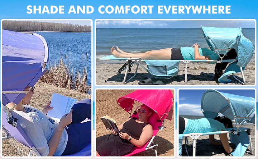 Oversized Extra Wide Tanning Chair with Sun Canopy Face Hole Padded Adjustable Washable, Heavy Duty Layout Folding Lounge Chair for Outside Beach Reading Sunbathing, UPF 50+, XL, Plus Size, 330 LBS