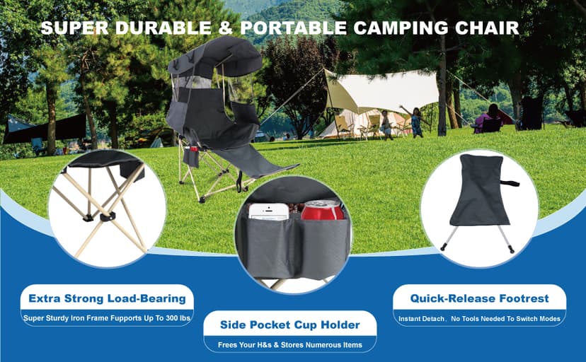 Folding Camping Chairs Canopy Outdoor: Sports Portable Beach Chair with Canopy-Lawn Beach Chairs with Umbrella for Adults-Camping Chair with Shade for Fishing Camp Heavy Duty (Casual, Grey)