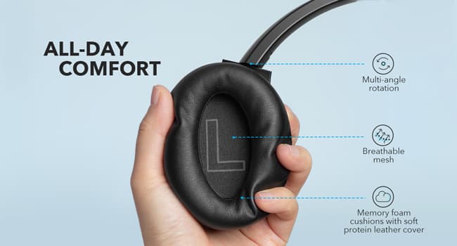 Soundcore Anker Life Q20 Hybrid Active Noise Cancelling Headphones, Wireless Over Ear Bluetooth Headphones, 60H Playtime, Hi-Res Audio, Deep Bass, Foam Ear Cups, Travel, Office, USB-C Charging