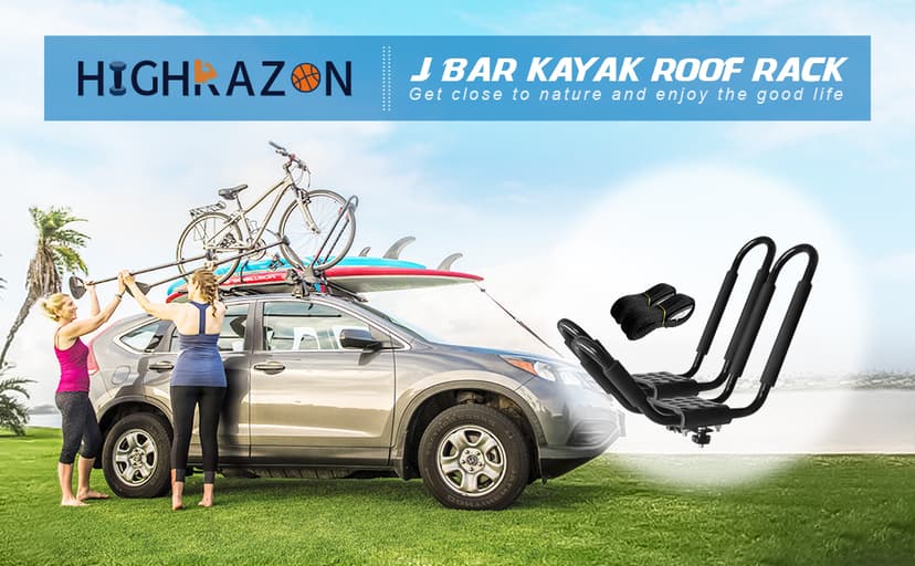 Kayak Roof Rack, 2 Pair J-Bar Roof Rack with 4 Ropes. Heavy Duty Kayak Roof Carrier for Your Canoe SUV and Trucks